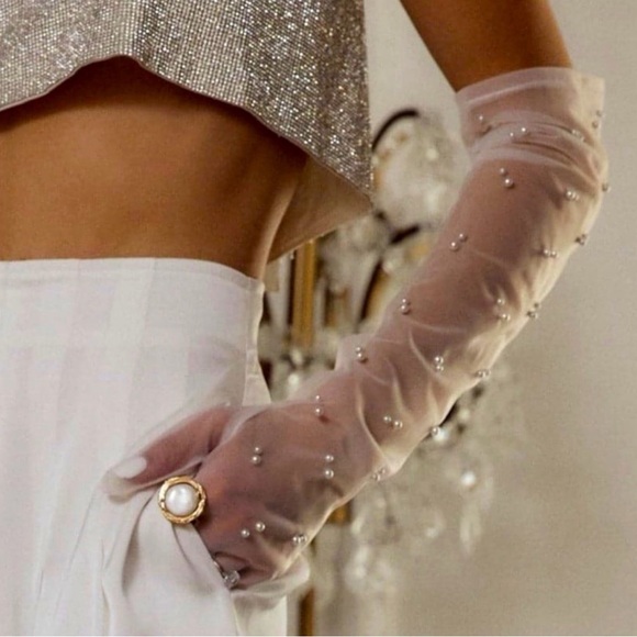 12th Tribe Sheer Pearl-Embellished Gloves - Picture 4 of 4